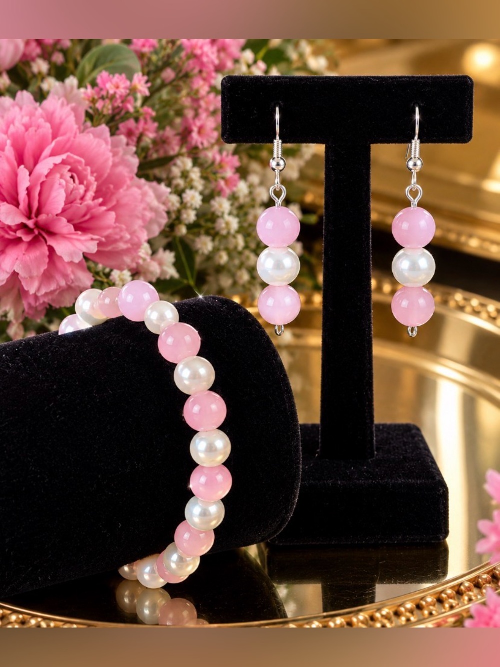 Elegant Pink Pearl Bead Bracelet and Earrings Set - Handcrafted